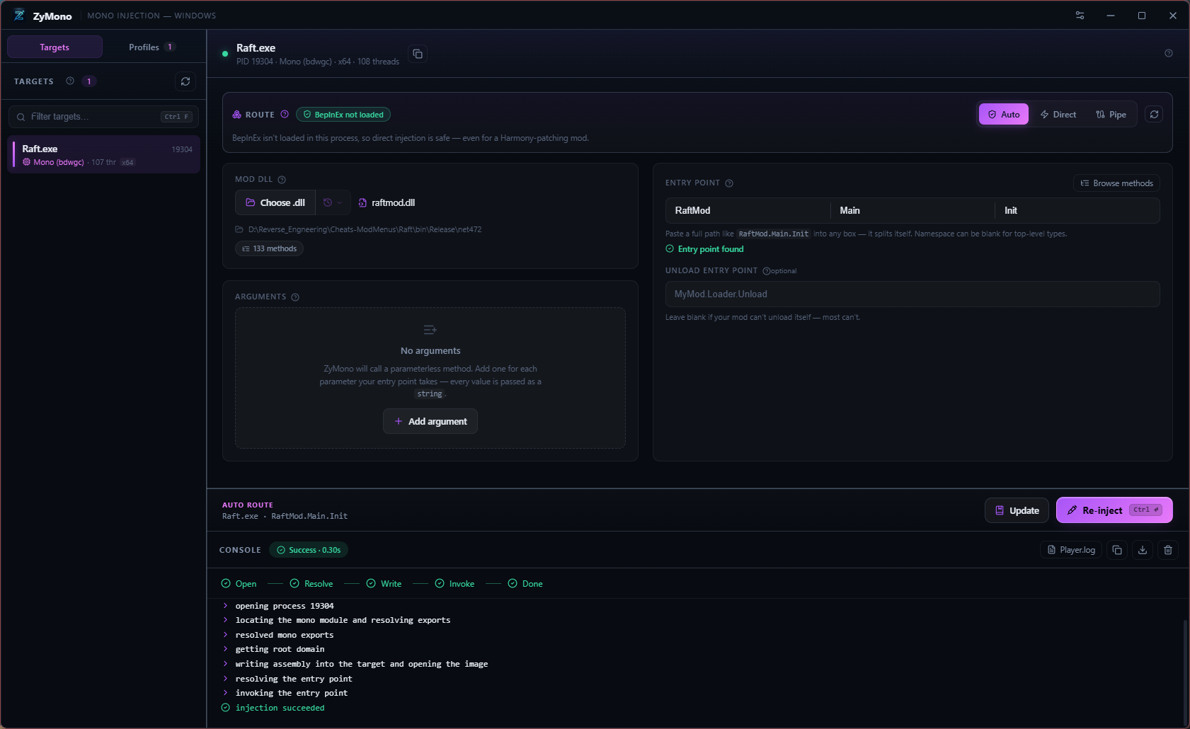 ZyMono injecting a C# mod into a live Unity game: filterable target list, the routing decision explained in plain English, entry point with live validation, and a confirmed Open, Resolve, Write, Invoke, Done trail