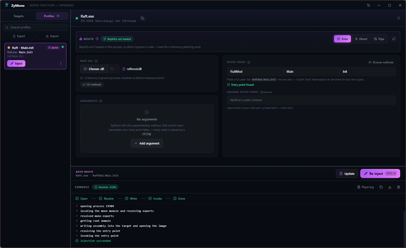 ZyMono Profiles tab with one-click inject, favourites, auto-inject flags and import/export