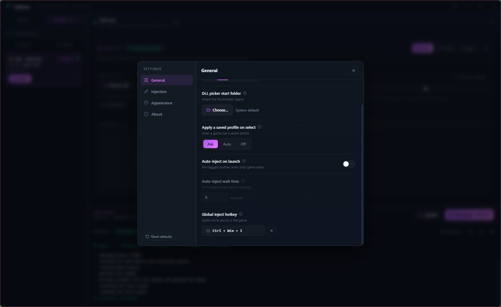 ZyMono settings: process refresh, DLL picker folder, profile autofill, auto-inject on launch and the global inject hotkey