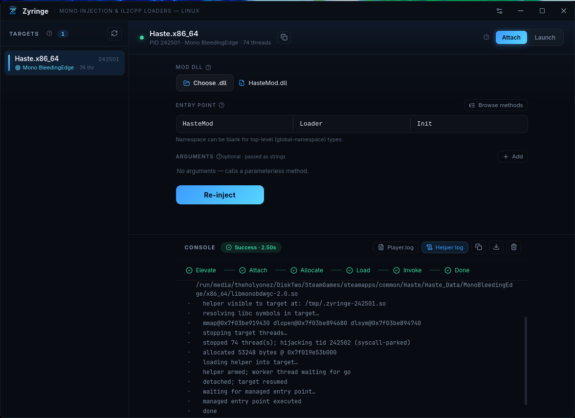 Zyringe main window — running Mono/Unity targets, the injection form, and the live console
