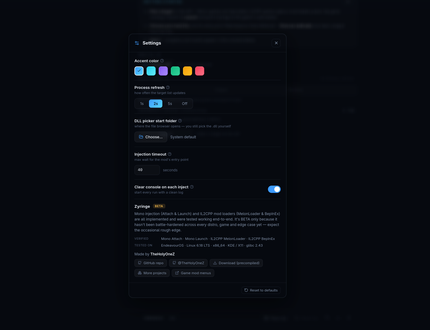 Zyringe settings panel — accent theming, refresh interval, and paths